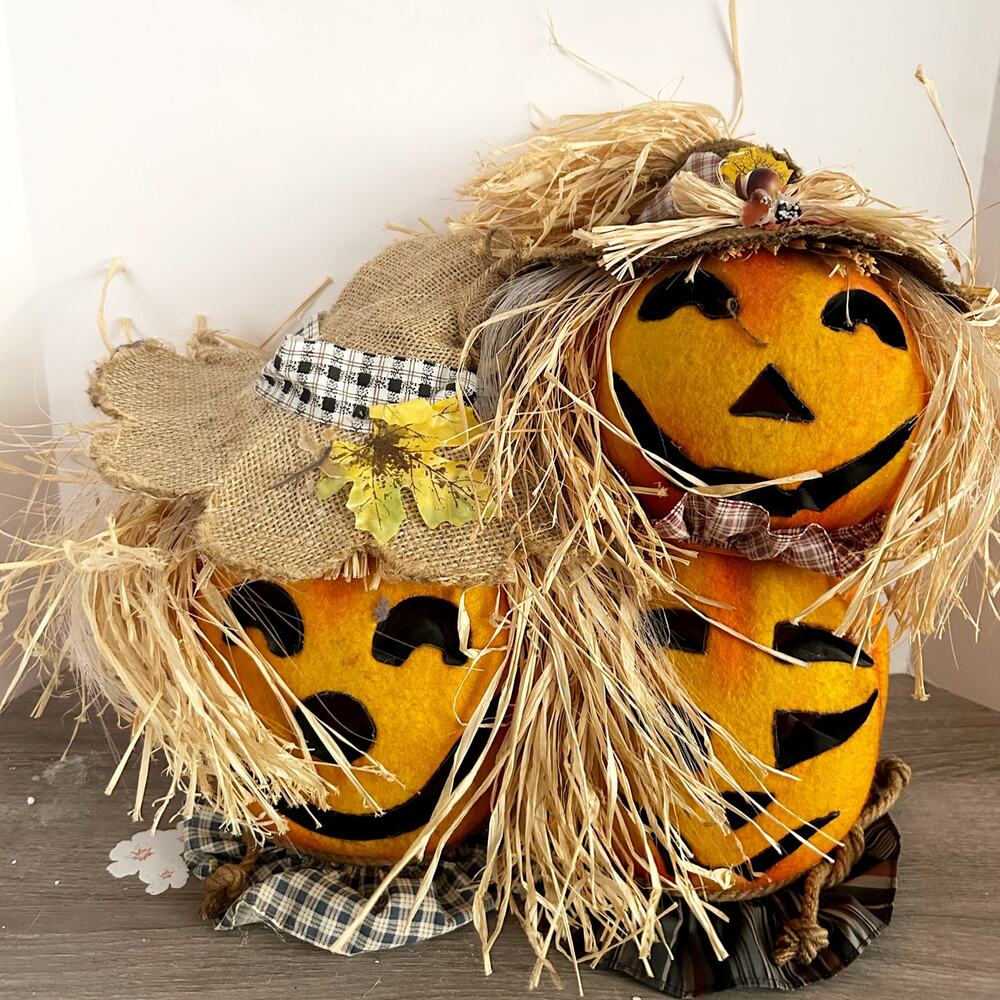 VTG Gemmy Fiber Optic 3 Pumpkins Trio Scarecrows Changing Colors Jack O Lantern